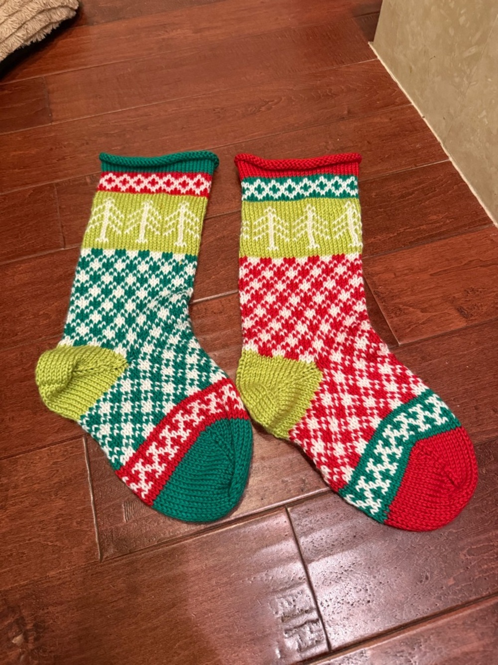 Two Knitted Christmas Stockings Red/Green Textured Pattern
